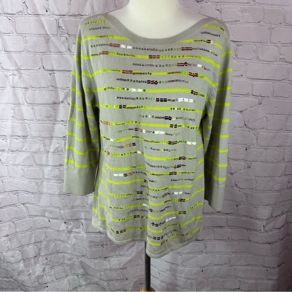 Coldwater Creek lime Green Sequin 3/4 sleeve sweater sz large  wool cotton blend - Picture 1 of 8